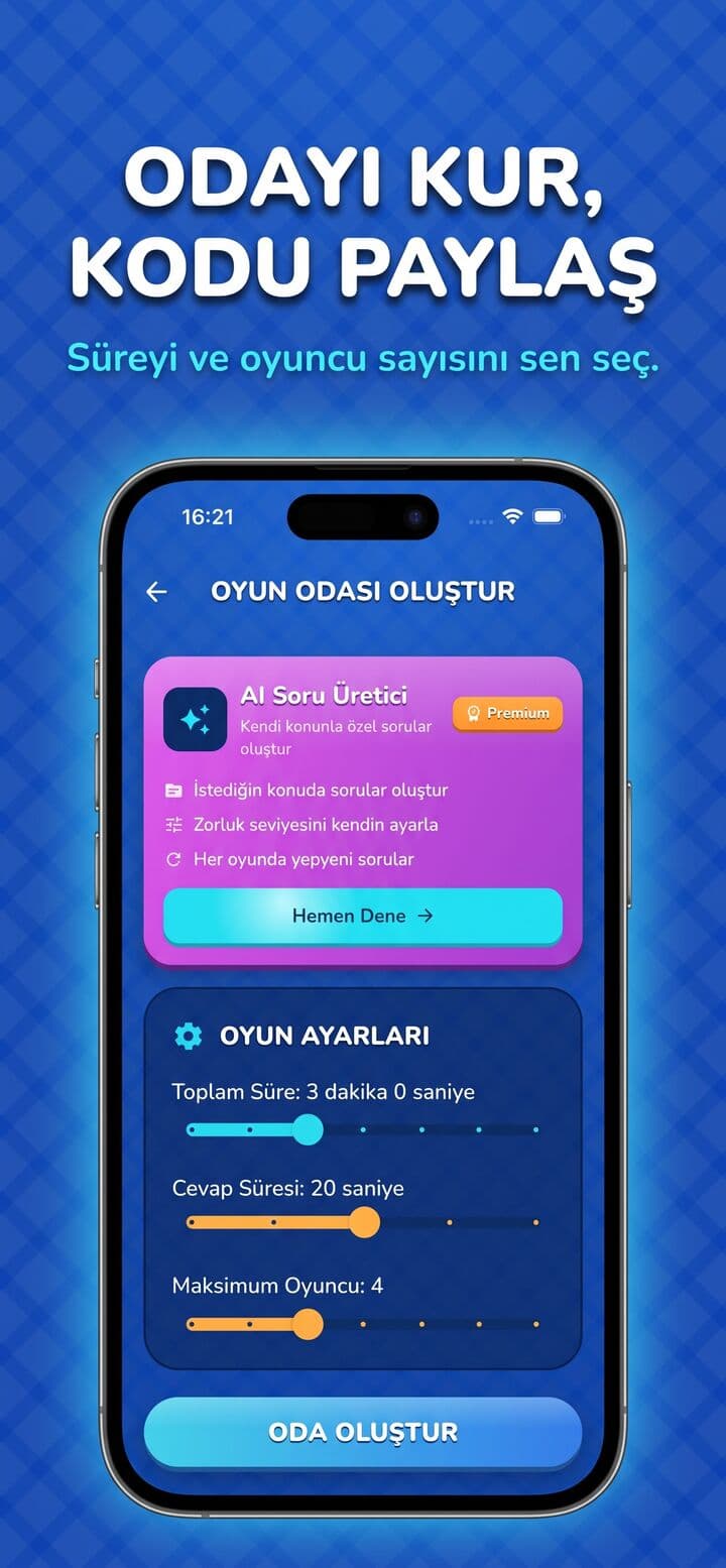 Oyun odası kurma ekranı: süre ve oyuncu sayısı ayarları